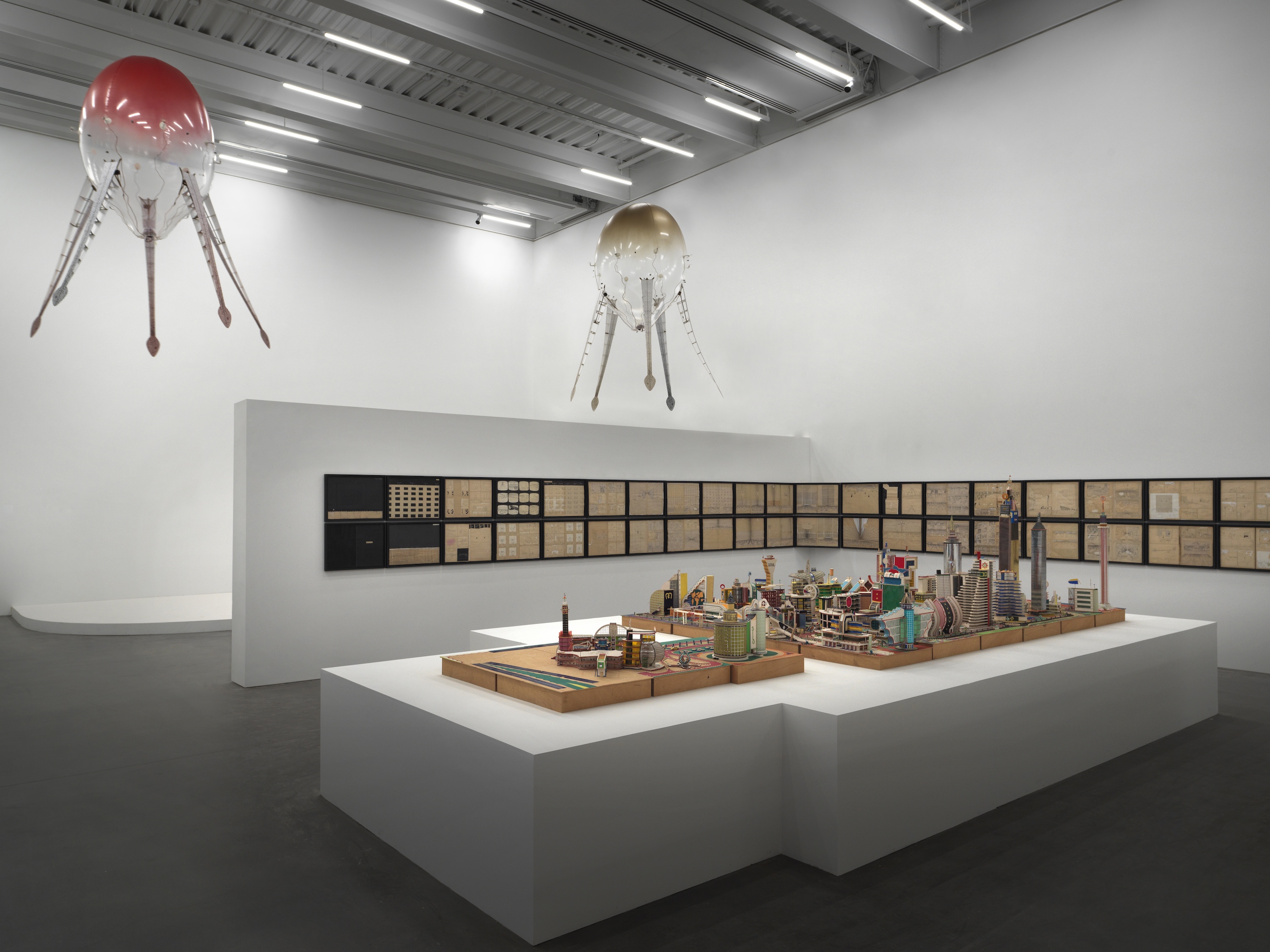 Two aerobes suspended in the New Museum gallery for New Humans: Memories of the Future